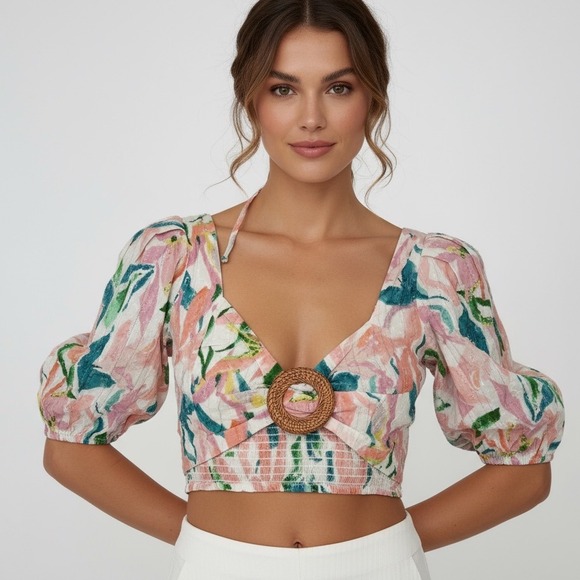RAHI New Maui Chantal Top Floral Print Tie Back Woven Ring Cropped XL - Picture 1 of 9